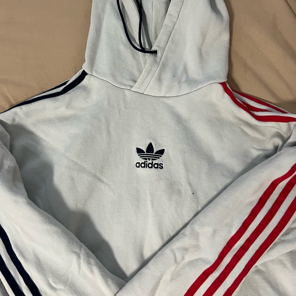 Adidas hoodie with striped sleeves! Size L, a few stains.